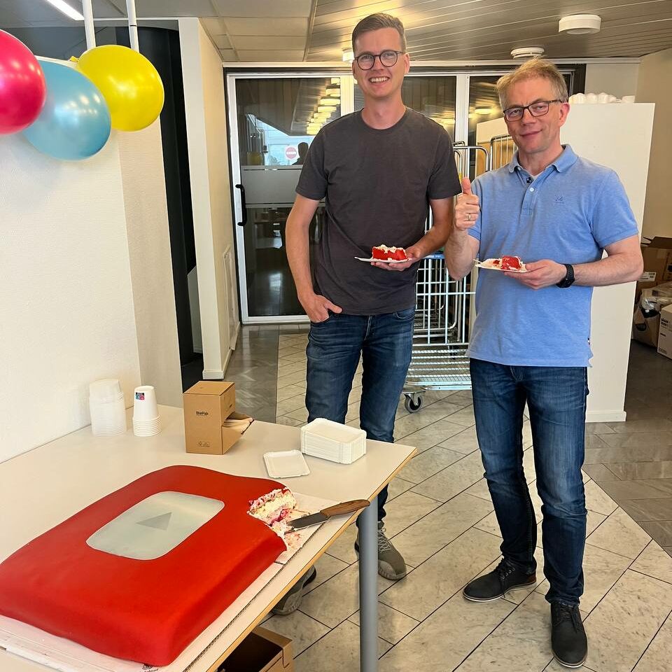 Kjetil Sundmark Johnsen and Johannes Schmechel are celebrating the milestone of reaching 100,000 subscribers on the Bible Kids YouTube channel.