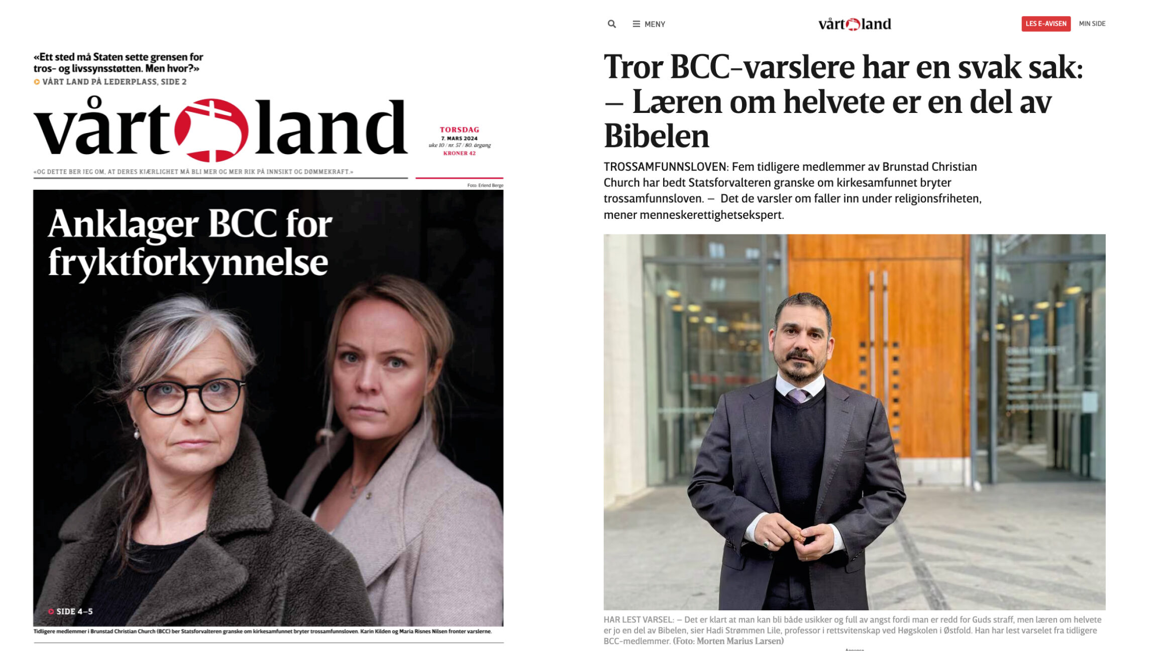 Faksimiler fra Vårt Lands omtale av saken. BCC reagerer på at Vårt Land legger opp til debatt om en sak som Statsforvalteren først skal ta stilling til.
